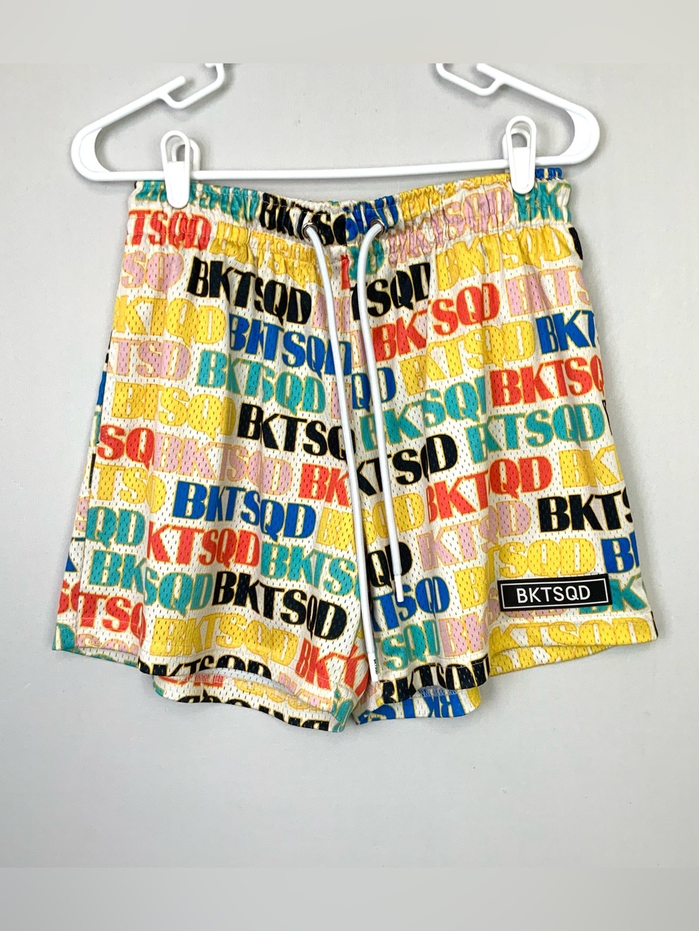 BKTSQD Bucket Squad Mens Large Multicolor Repeat All Over Logo Drawstring Shorts